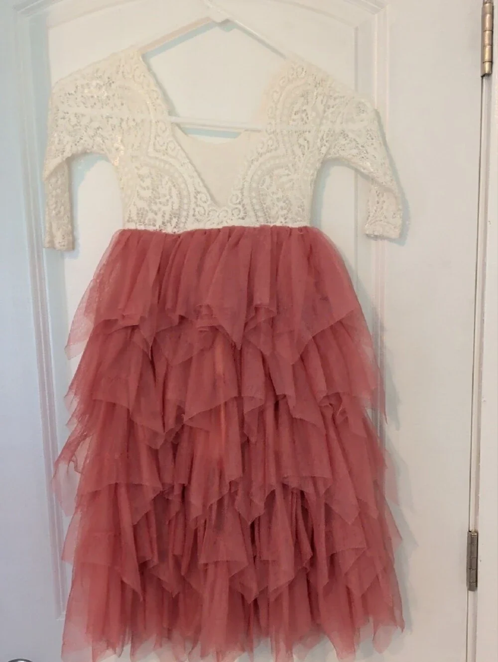 Girls Lace Top Tulle Layered Dress in Ivory and Dusty Rose